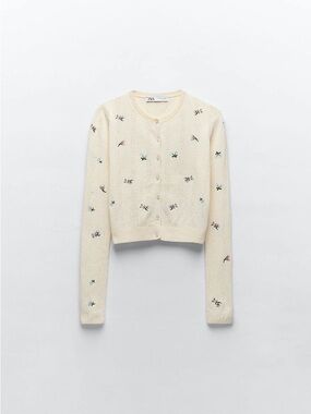 Zara Cream Embroidered Flower Cardigan